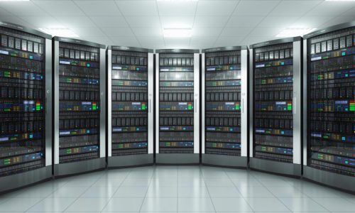 Modern network and telecommunication technology computer concept: 3D render illustration of the server room in datacenter